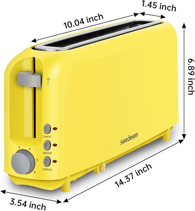 SEEDEEM 2 Slice Slim Toaster, 10" Long Slot, 6 Shade Settings, Yellow | Long Slot, 6 Shade Settings, Cancel/Reheat/Defrost, Removable Crumb Tray
