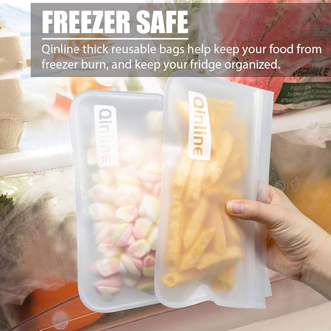Qinline Reusable Food Storage Bags - 10 Pack Freezer Bags, Reusable Bags , Extra Thick Leakproof Reusable Lunch Bag for Salad Fruit Snack Travel - 2 Gallon 4 Sandwich 4 Snack Bags