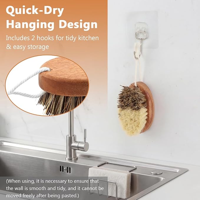 2 Pack Vegetable & Fruit Cleaning Brush Set, Dual Bristle Veggie Brush Potato Scrubber with Hanging Rope & Hooks, Kitchen Vegetable Scrubber for Carrots Fruits Foods(Wood)