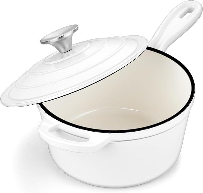 Leonyo 3 Quart Enameled Cast Iron Sauce Pan, Kitchen Induction Pot, White | For All Cooktops Cooking Pasta, Milk, Soup- Up to 500°F & 8Lbs