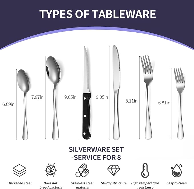 48-Piece Silverware Set for 8 with Steak Knives, Stainless Steel Flatware Set, 18/8 Food Grade Cutlery Set, Mirror Polished, Rust Resistant, Dishwasher Safe, Tableware Set for Home & Restaurant