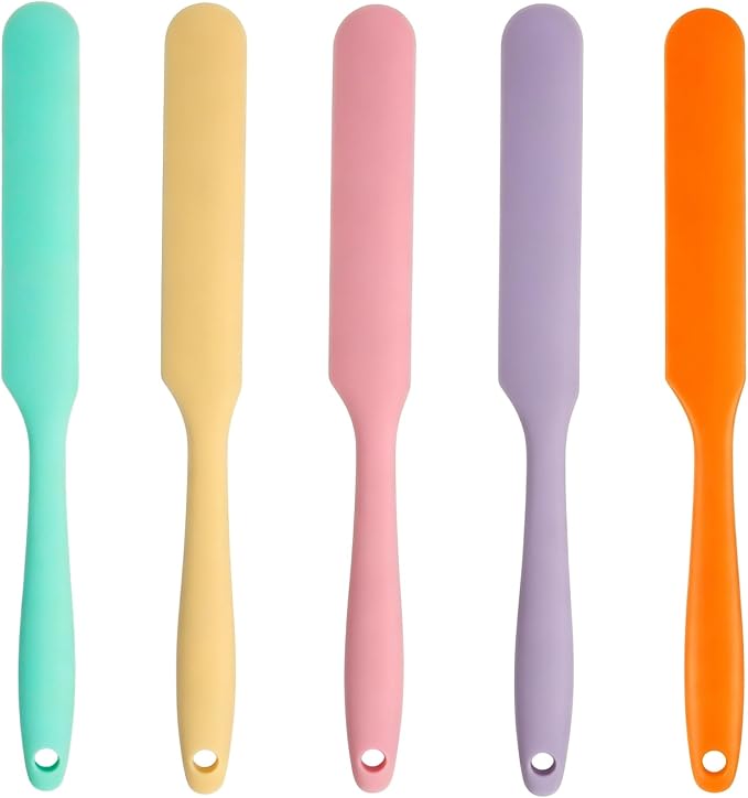 5 Pcs Silicone Jar Spatula Set, Sourdough Spatula, Long Handle Thin Spatulas for Baking, Cake Icing, Butter Cream Spreading, Jam Scraping (Purple, Pink, Green, Yellow, Orange)