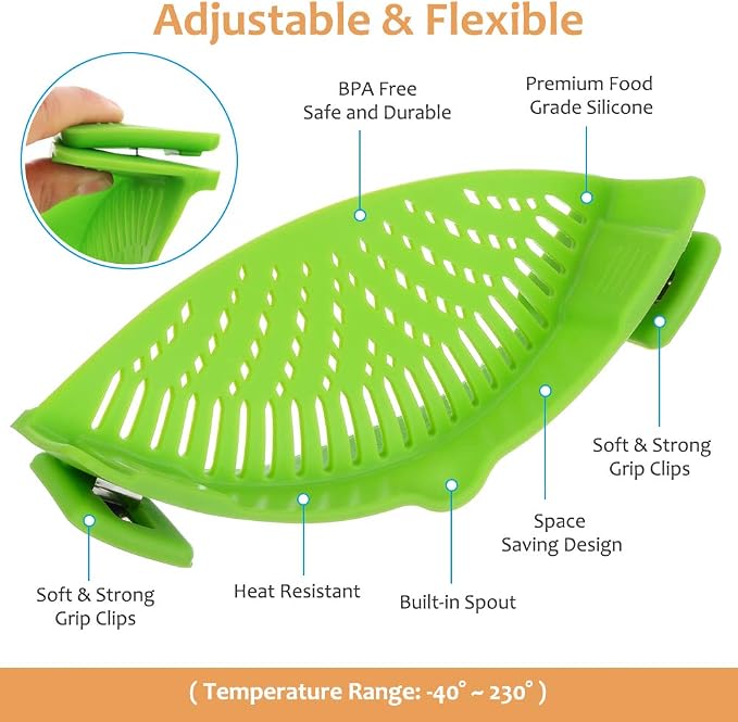 YEVIOR Clip on Strainer for Pots Pan Pasta,Silicone Food Pan Strainer | Food-grade BPA-free,Kitchen Food Strainer for Spaghetti, Pasta,Vegetable Fruits Fits All Bowls and Pots (Green)