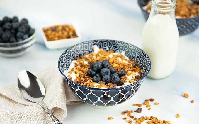 KooK Soup Bowl, Cereal Bowl, Ceramic Cereal Bowls, Microwave, Dishwasher and Freezer Safe, Porcelain Dishes for Soup, Pasta, Salad, Oatmeal, Deep Interior (White & Blue)
