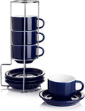 Sweese 2.5 Ounce Porcelain Stackable Espresso Cups with Saucers and Metal Stand Set of 4, Navy