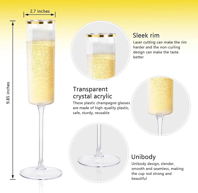 Ciaell 24 Pack Gold Plastic Champagne Flutes for Weddings Birthdays | 6 oz Clear Gold Rim Square Toasting Cups, Heavy Duty Plastic, Champagne Wine Mimosas Cocktails for Anniversaries Parties Bars