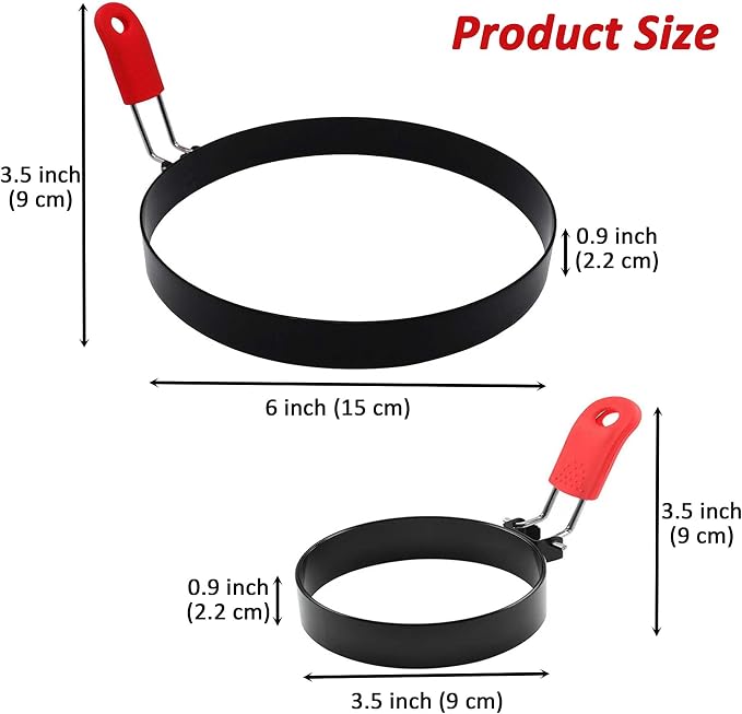 2 Pcs 6'' & 2 Pcs 3.5" Nonstick Stainless Steel Egg Rings with 1 Oil Brush & 1 Egg Separator, Round Crumpet Ring Mold for Muffins, Pancakes, Sandwiches Cooking