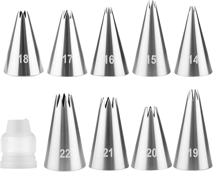 10 Pcs Open Star Piping Tips Set, French Star Tube Frosting Nozzle Kit with Coupler, Stainless Steel Cake Decorating Tips for Cupcakes, Cookies, Pastries, Homemade Desserts and Home Bakers (Star)
