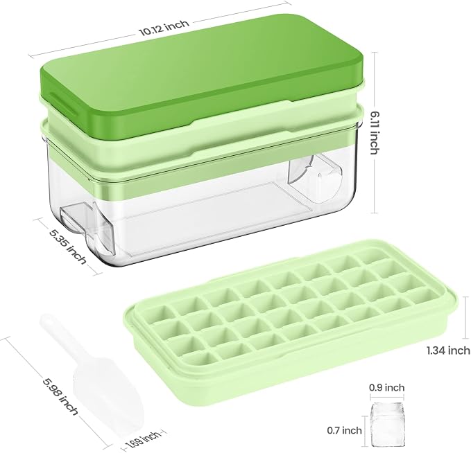 1" Ice Cube Tray with Lid and Bin, Easy Release 64 Cubes for Freezer | Food-grade BPA-free PP and ABS. 1" x 64pcs ice cubes for fruit whiskey, cocktails. Space-saving, stackable with scoop