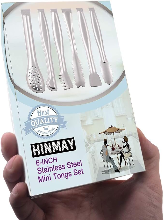 HINMAY Small Serving Tongs Set 6" Stainless Steel Mini Tongs, Set of 6