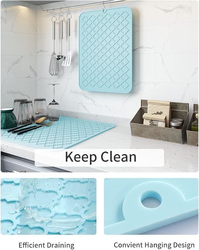 AMOAMI-Dish Drying Mats for Kitchen Counter-Silicone Dish Drying Mat-Kitchen Dish Drying Pad Heat Resistant Mat-Kitchen Gadgets Kitchen Accessories Kitchen Small Appliances(12" x 16", LIGHT BLUE)