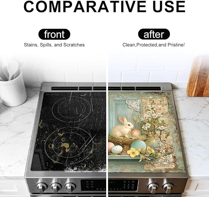 Easter Bunny Stove Top Cover 28.35x20.47 in Non Slip Mat | Heat Resistant Cooktop Protector Mat with Non-Slip Backing, Scratch Protection and Countertop Drying Mat.