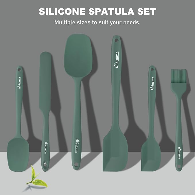 NileHome Silicone Spatula Set, 6 Pieces Food Grade Kitchen Utensils with Silicone Brush Heat Resistant Up to 600°F Dishwasher Safe BPA-Free Rubber Spatula for Scraping, Baking, Cooking, Mixing-Green