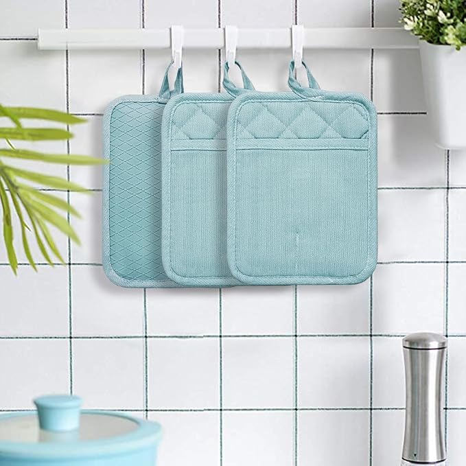 Pot Holders Yarn-Dyed Set of 3 Non Slip Silicone Kitchen Lines | Heat Resistant 500℉ Kitchen Gloves BBQ Baking Women Men Cooking Barbecue Microwave Machine Washable (L-Blue Potholder)