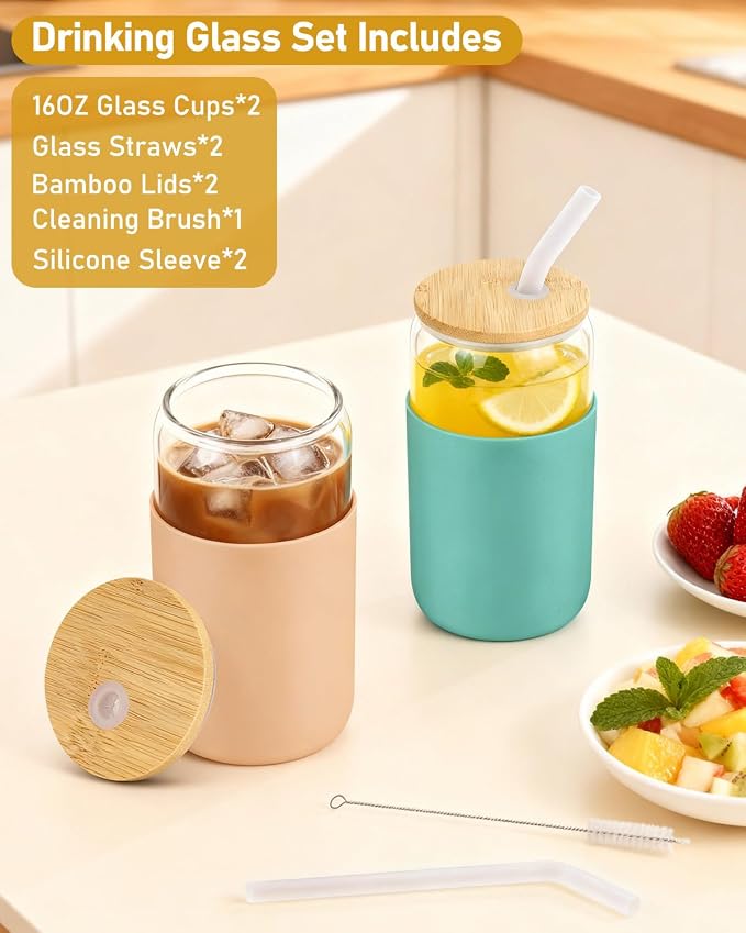 16 oz Glass Cups with Lids - 2 Pack Iced Coffee Cups with Silicone Sleeves | Anti-Slip, Bamboo Lids, Iced Coffee Cup, Home Essential, Coffee Bar Accessories, Glass Tumbler, Reusable, Matcha Cup