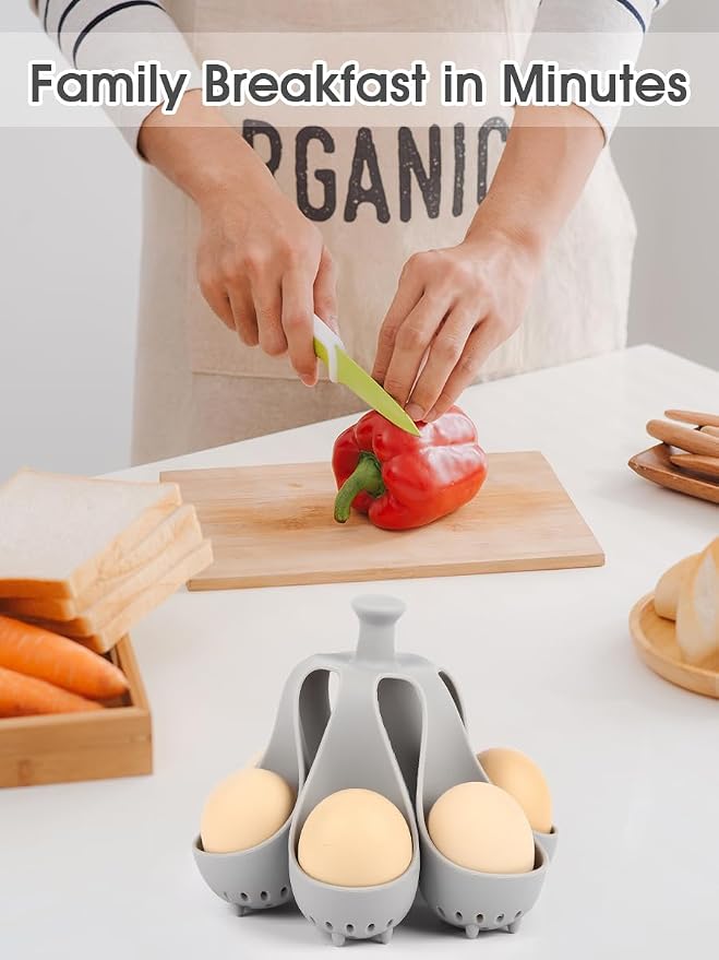 6 Egg Silicone Boiler Rack, Food-Grade Egg Cooker for Hard Soft Boiled Eggs, with Handle Poached Egg Mold, Dishwasher Safe BPA-Free Kitchen Gadgets (Gray)