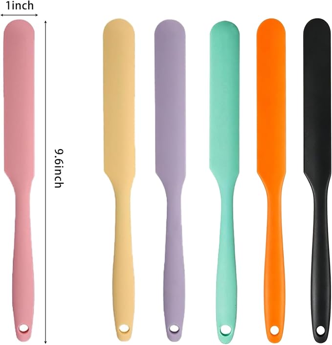 6 Pcs Silicone Jar Spatula Set, Sourdough Spatula, Long Handle Thin Spatulas for Baking, Cake Icing, Butter Cream Spreading, Jam Scraping (Purple, Pink, Green, Yellow, Orange, Black)