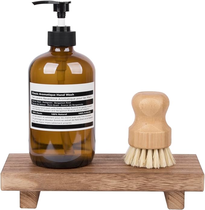 Wood Bathroom Tray Farmhouse Decor Kitchen Soap Holder, 8.7"x3.6" Brown | Waterproof, Lightweight, Easy Clean, Small Wooden Riser Pedestal Stand Accessories for Office Desk, Vanity, Counter, Sink