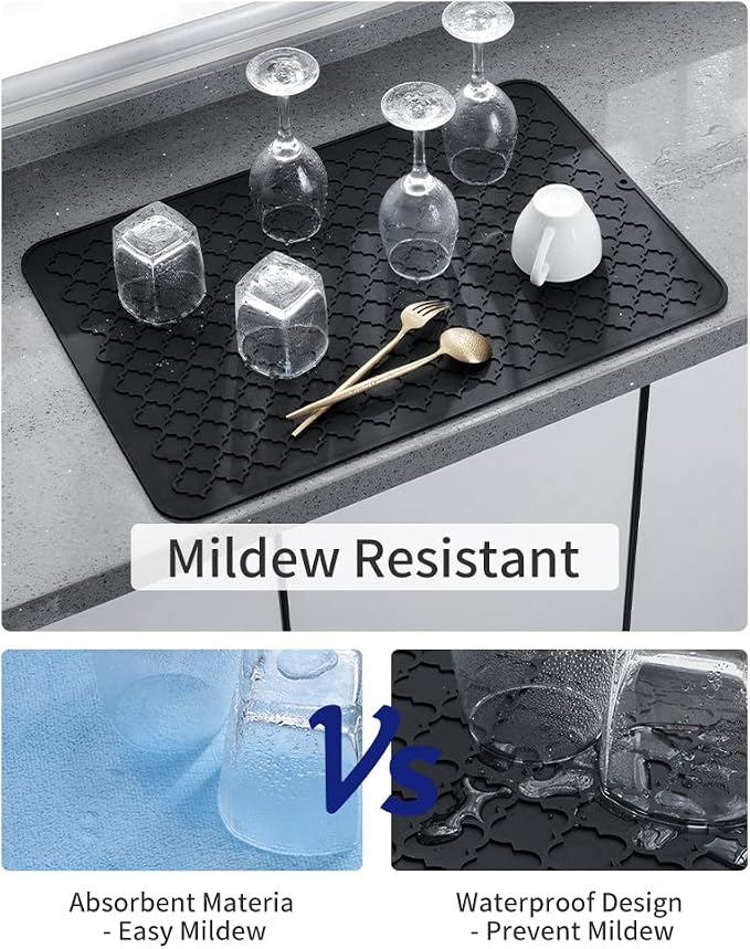 AMOAMI-Dish Drying Mats for Kitchen Counter-Silicone Dish Drying Mat-Kitchen Dish Drying Pad Heat Resistant Mat-Kitchen Gadgets Kitchen Accessories Kitchen Small Appliances(16" x 24", BLACK)