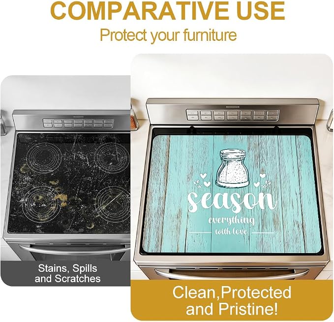 Season Everything With Love Teal Farmhouse Stove Top Cover | Teal turquoise farmhouse kitchen decor; non-slip stovetop cover for electric, gas, glass top stove, cottage counter mat