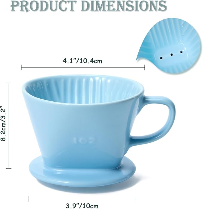 Pour Over Coffee Dripper, Ceramic Pour Over Coffee Maker, Blue | 3 Holes Flat Bottom, Easy Manual Brew Maker, Porcelain Slow Filter Cone for Travel, Camping, Office, Home