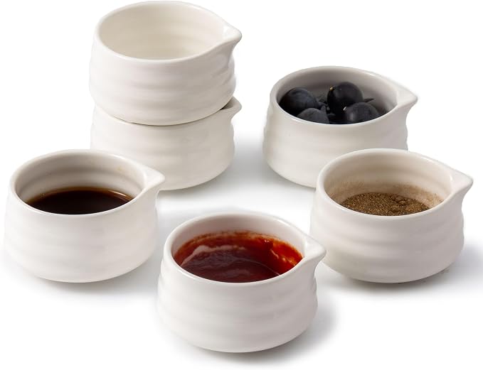 Ceramic Small Sauce Bowls with Spout, White, 3OZ, Set of 6 | Mini Prep Bowls, Small Condiment Dish/Pinch Set for Sushi/Ketchup/BBQ, Dishwasher & Oven Safe, Easy to Clean