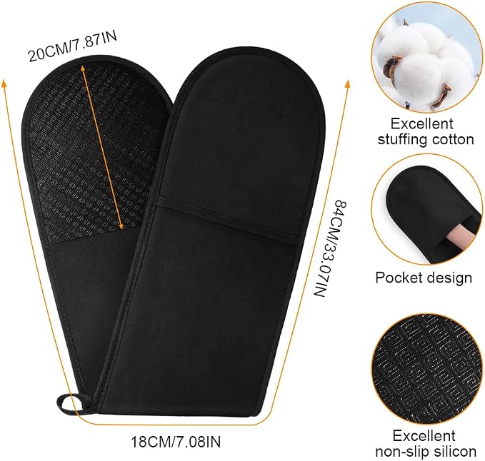 AUAUY Black Double Oven Mitts, 250°C/482°F Heat Resistant BBQ Mittens with Ropes, Silicone Non-Slip Design Kitchen Mittens, Cooking Glove Top Kitchen Gadgets for Cooking Baking Grilling | with Ropes, Silicone Non-Slip Design Kitchen Mittens, Cooking Gl...