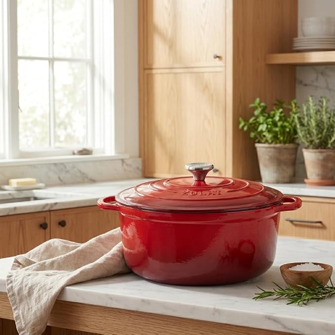 Zulay Kitchen 5 Quart Enameled Cast Iron Dutch Oven Pot with Lid – Premium Durability & Oven Safe up to 500°F – Heavy Duty Cookware Perfect for Bread Baking, Stews, Braising & Roasting – Ablaze Red