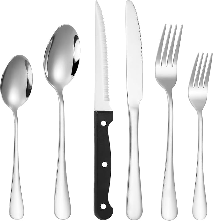 Lazycorner 53 Piece Silverware Set for 8, Flatware Set with Steak Knives for 8 and 5 Public Serving Use Set 18/10 Stainless Steel Serving Utensils Set Cutlery Set For Restaurant Hotel Dishwasher Safe
