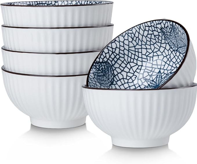 10 oz Small Ceramic Bowls Set of 6, 4.5 Inch Japanese Blue and White Bowls for Ice Cream, Rice, Dessert, Snack, Dipping, Microwave and Dishwasher Safe - Leaf Pattern