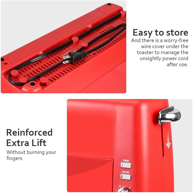 Long Slot Toaster 2 Slice Wide Slot Bread & Bagel Toaster (Red) | 1400W Slim Toaster, Red Toaster for for Waffles, Puff Pastry, Removable Crumb Tray, 6 Shade Settings, Bagel / Cancel