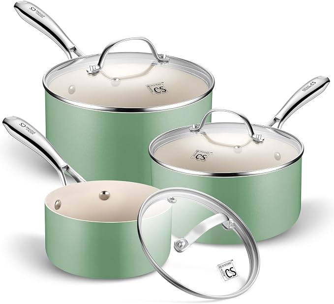KOCH SYSTEME CS Nonstick Sauce Pan with Lid 1QT, 2QT & 3QT, Ceramic Saucepan Set 6Pcs, Non-Toxic Saucepan Set, Cooking Pots Set, Oven Safe & Induction Compatible, Green