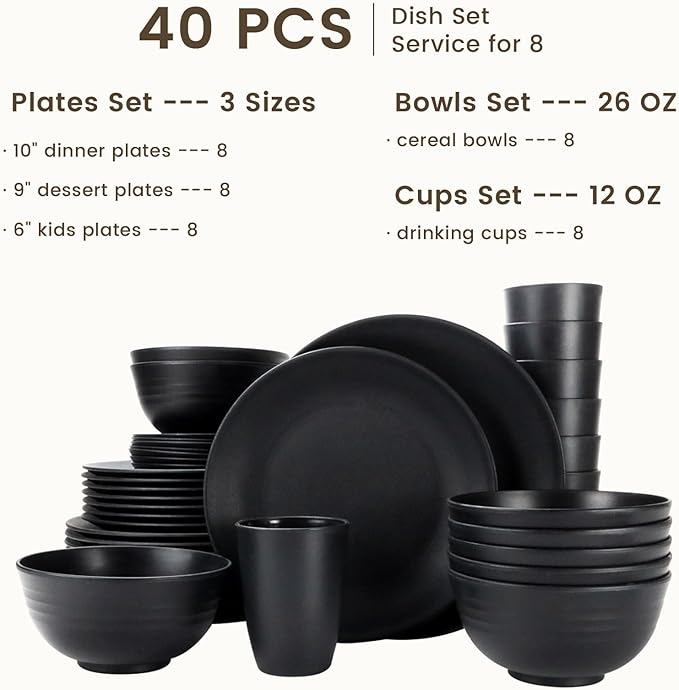 40-Pieces Wheat Straw Dinnerware Set, Kitchen Plastic Wheat Straw Dinnerware Set - Service for 8, Unbreakable Lightweight Dish Set for Kitchen, Camping - Plates Set, Bowls, Cups Set(Black)