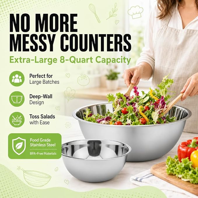 Large Stainless Steel Mixing Bowl 8 Quart - Extra Large Metal Mixing Bowl for Baking, Bread Dough, Salad - Deep Stainless Bowl - Commercial Kitchen Basin - Meal Prep - Stainless Steel- 2 Pack
