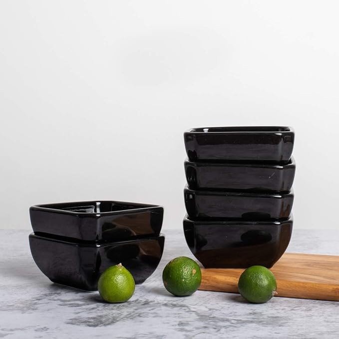 DELLING 3 Oz Porcelain Dip Bowls Set of 6, Black Ceramic Dipping Sauce Bowls - Small Bowls for Charcuterie Board Accessories, Soy Sauce Dish, Condiment Cups for BBQ Party, Dishwasher Safe