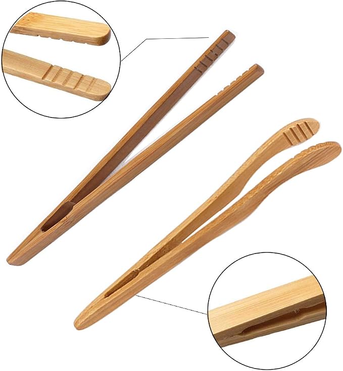 4 pack Bamboo Toaster Tongs - 7” Reusable Wood Cooking Tongs -Ideal Kitchen Utensil For Cheese Bacon Muffin Fruits Bread- Ultra Grip - Eco-friendly (Yellow-4 pcs)