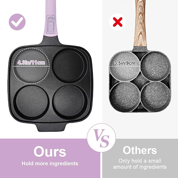 RANX INGST 4-Cup Egg Pan Nonstick with Lid 10 Inch Large Pancake Pan,Purple | Detachable Handle, Omelette Skillet Induction Compatible for Breakfast