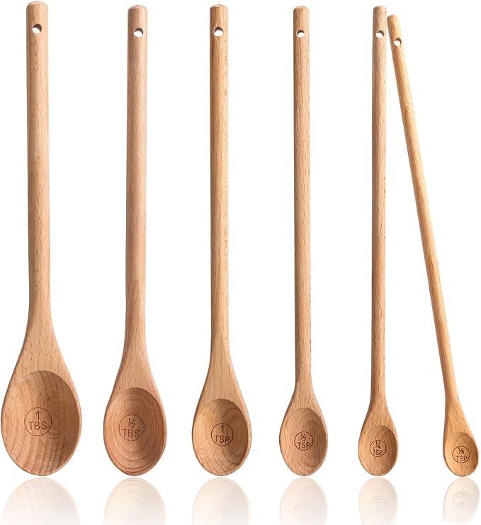 Wooden Measuring Spoons Set of 6, 10 inch, Long Handle | Beechwood, 1/8 TSP, 1/4 TSP, 1/2 TSP, 1 TSP, 1/2 tbsp & 1 tbsp, For Measuring Dry Ingredients, For Cooking Baking