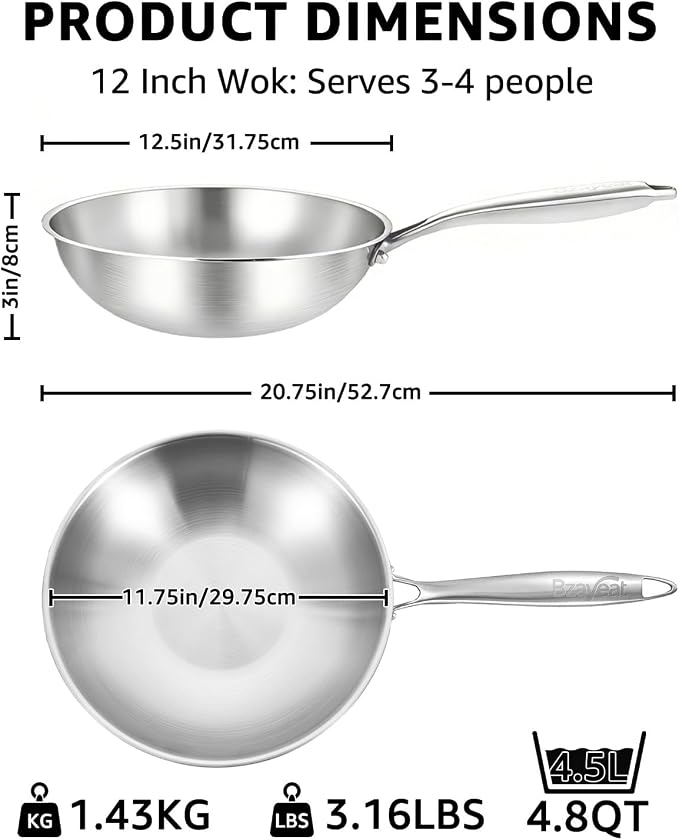 12 Inch Tri-Ply Stainless Steel Wok Pan, Uncoated Wok for Stir Fry | PFOA/PFOS Free, Heavy-Gauge Flat Bottomed Cookware, Suitable for Induction & Electric Stoves, Detachable Handle