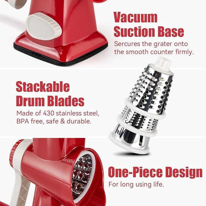 KEOUKE Rotary Cheese Grater Hand Crank Red - Shredder Slicer Grinder 3 Stainless Steel Blades, Stable Suction, Labor-Saving Handle, Safe Kitchen Tool for Cheese, Vegetable, Nuts, Chocolate