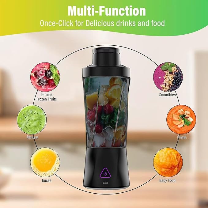 Portable Blender 700ml (24oz),USB Rechargeable Personal,360W High-Power Motor, 6000mAh Long-Lasting Battery, Self Cleaning & BPA Free & Leakproof-Lid for Travel, Home, Office, Camping (Black)