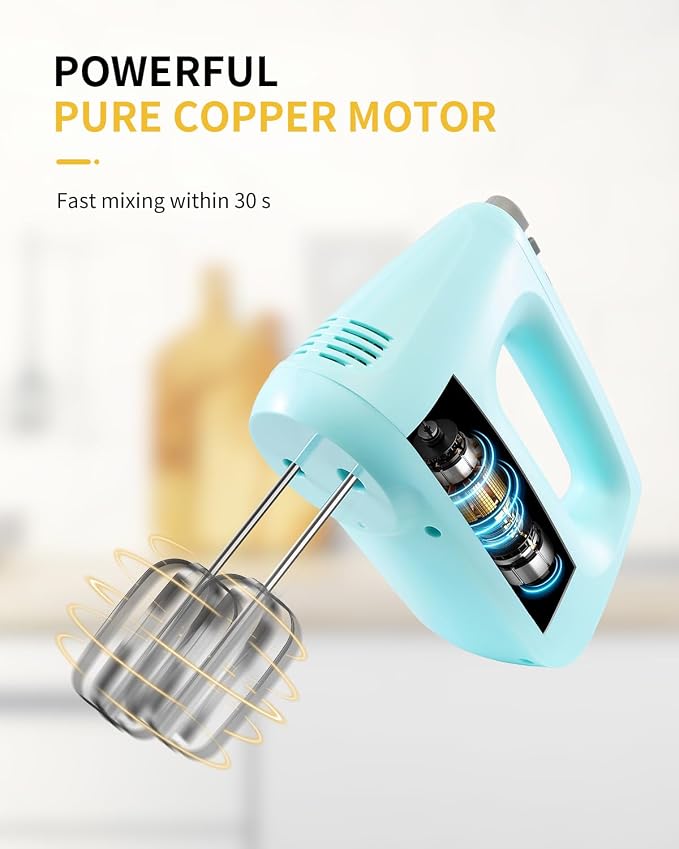 SHARDOR Hand Mixer Electric, 6 Speed & Turbo Mixer Electric Handheld, Snap-On Storage Case,5 Stainless Steel Accessories for Whipping, Mixing Cookies, Brownie, Cakes, Dough Batters (Blue)