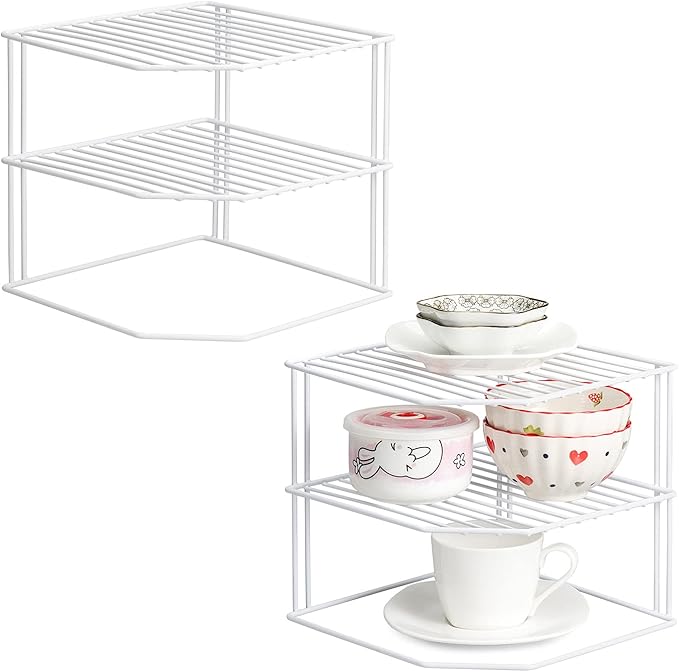 ROFAY Kitchen Cupboard Organiser, 3 Tier White Corner Plate Rack for Kitchen Cupboard Storage - Cupboard Shelf Insert Organiser (Pack of 2)
