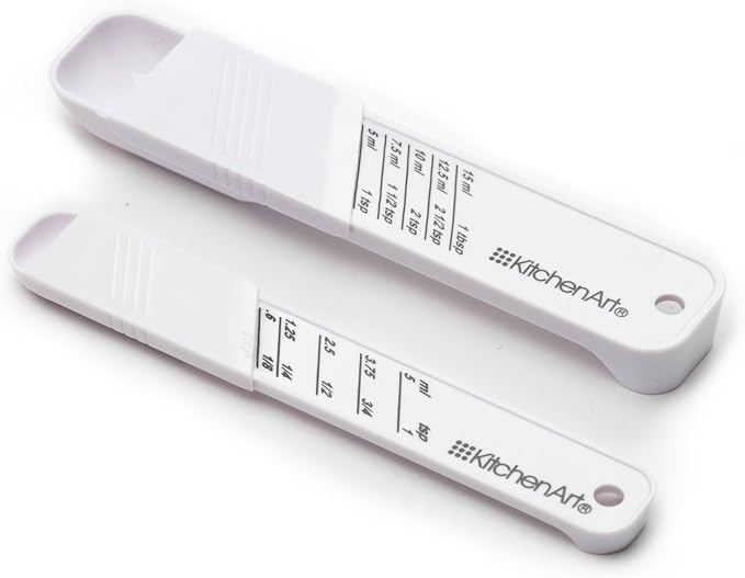 KitchenArt Adjust-A-Teaspoon And Adjust-A-Tablespoon Set, Plastic, 2-Piece, White,9 x 3.5 x 0.75 inches | Measures 1/8 Teaspoon to 1 Tablespoon | Adjustable Measuring Spoon Set | Cooking & Baking Gadgets | Reduce Kitchen Clutter