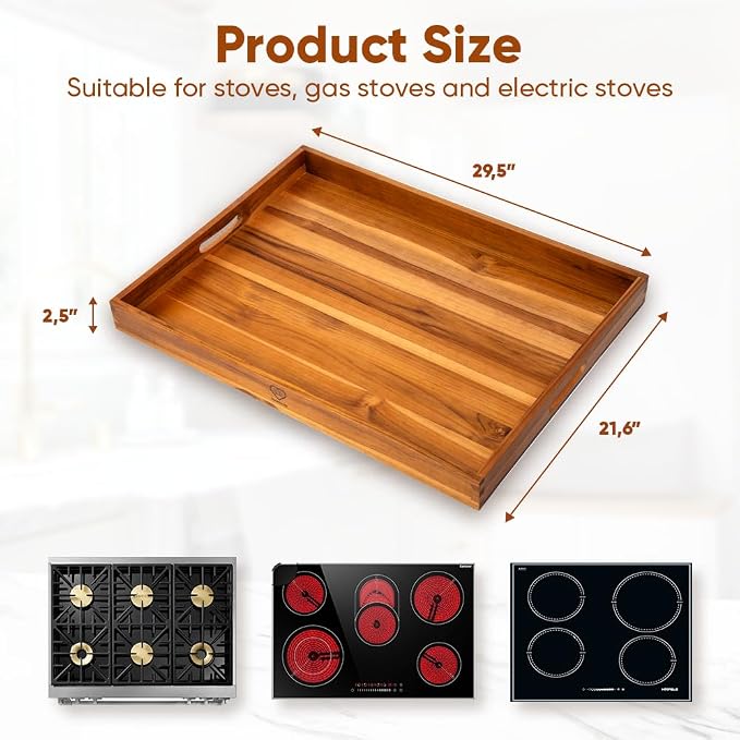 29.5x21.6 Teak Wood Stove Top Covers for Gas & Electric Stove with Handles | Noodle Board Stove Cover Tray for Counter Space, Cutting Board with Juice Groove