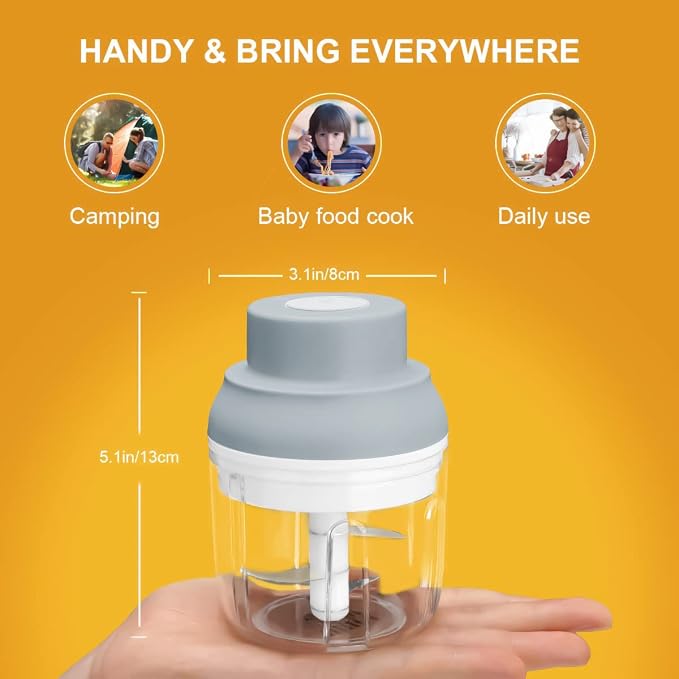 Electric Garlic Chopper Mini, Garlic Masher Mincer Crusher Chili Nuts Meat Grinder, Food Processor Small with Garlic Peeler And Spoon, Gray,250ML