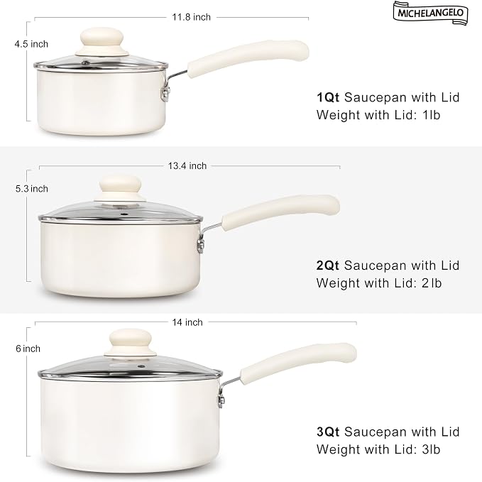 MICHELANGELO Nonstick Saucepan with Lid, Ceramic Sauce Pan Sets, Easy to Clean Sauce Pans, Multi-Purpose Cooking Pots, 1QT, White