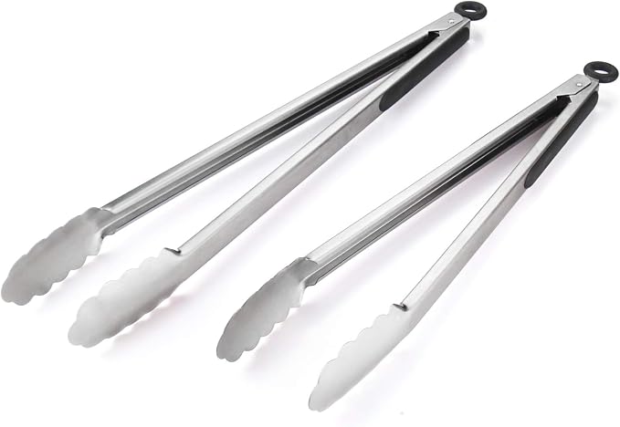 304 Stainless Steel Kitchen Cooking Tongs, 14 & 16 Inch, Set of 2, Black | Locking Food Tongs with Non-slip Grips and Hanging Loops for Cooking, Grilling, BBQ and Serving, Dishwasher Safe