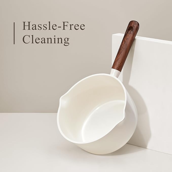 CAROTE 2QT & 3QT Sauce Pan Sets with Lid & Ladle Ceramic Nonstick Pot Set Non Toxic Saucepan Small Kitchen Cooking Pots, Easy to Clean, Induction Comptable, PFAS PTFE Free, White