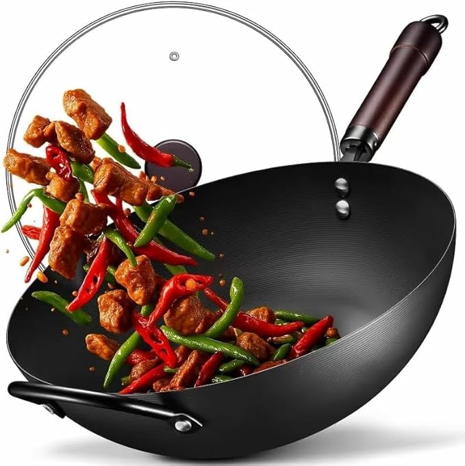 FGJ Wok, 13 Inch Carbon Steel Woks & Stir-fry Pans Nonstick | Pre-Seasoned 5.8QT Flat Bottom Chinese Wok Paella Pan with lid,PFOA/PTFE free Cookware Compatible with All Cooktops